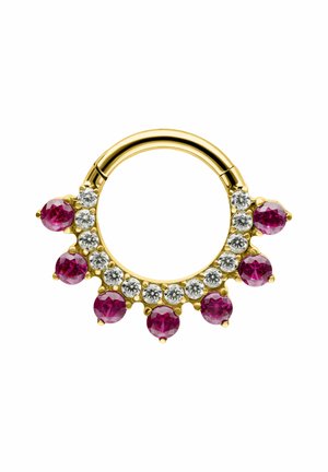 Gold circular earring with alternating clear and pink round gemstones set along the lower half, designed as a hinged hoop.