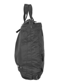 Zaino in tessuto nero con manici superiori doppi, chiusura con zip e tasche esterne per la conservazione. Texture liscia con dettagli di cucitura visibili.