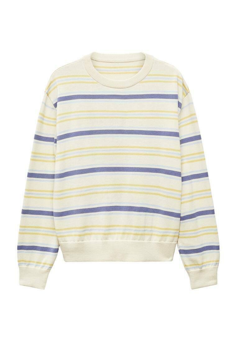 Pullover-Sweatshirt mit cremefarbenem Hintergrund, ausgestattet mit horizontalen Streifen in Gelb, Lavendel und Dunkelblau. Gerippter Halsausschnitt und Bündchen.