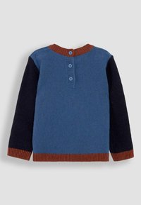 Blauer Strickpullover mit dunkelblauen Ärmeln, braunen gerippten Bündchen und einem braunen Kragen. Drei blaue Knöpfe auf der Rückseite.