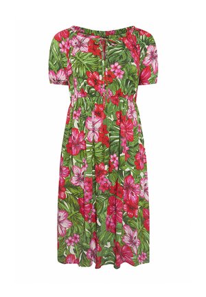 Grøn knælængde kjole med korte ærmer og pink, rød og lilla blomstermønster, med en rynket talje og lille forreste nøglehul med bindebånd.
