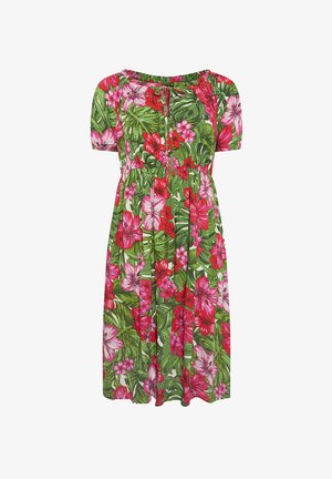 Groen knielang jurkje met korte mouwen en een bloemenprint in roze, rood en paars, voorzien van een geplooide taille en een klein sleutelgat aan de voorkant met strik.