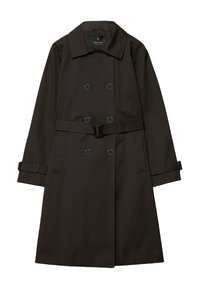 Ciemnobrązowy płaszcz typu trench z podwójnym zapięciem, sześcioma guzikami, paskiem w talii oraz naramiennikami. Gładka tekstura materiału.