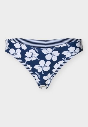 Navyblauwe bikinibroek met witte hibiscusbloemen en de tekst "Hollister", met een gestreepte tailleband aan de binnenkant.