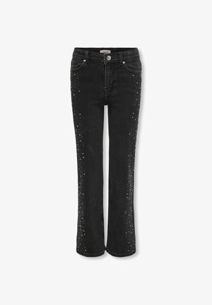 Jean en denim noir avec une taille ajustée et une jambe évasée, ornée de clous en argent le long des coutures latérales pour plus de détails.