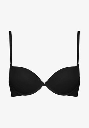 Soutien-gorge noir avec des bonnets rembourrés et lisses. Il dispose de bretelles ajustables et d'un design élégant et sans coutures pour une apparence épurée.