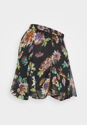 Jupe noire à motifs floraux avec des fleurs orange, violettes et vertes, taille élastique et tissu léger et fluide.