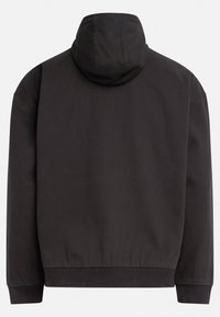 Black hoodie with a drawstring hood, ribbed cuffs, and hem; made from a smooth, thick fabric with a minimalist design and solid color.
