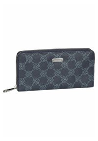 Navy blue leather wallet with embossed geometric pattern, silver-tone hardware, and a zip closure. Features a small zipper pull for easy access.
