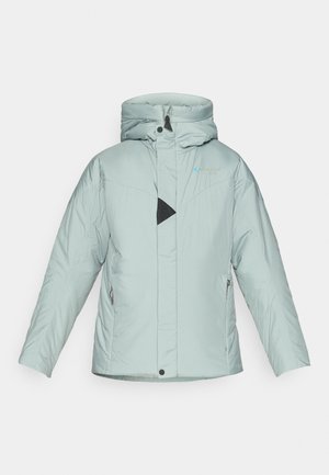 Light teal padded jacket with a high collar, a front zipper, and a triangle detail in black mesh. Features side pockets and a hood.