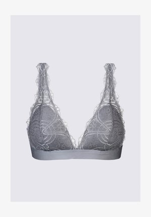 Vaaleanharmaa pitsinen bralette, jossa on kolmiomainen kupit, koristeellinen pitsireunus ja satiininen aluspanta. Herkät kuviot koristavat koko tuotetta.