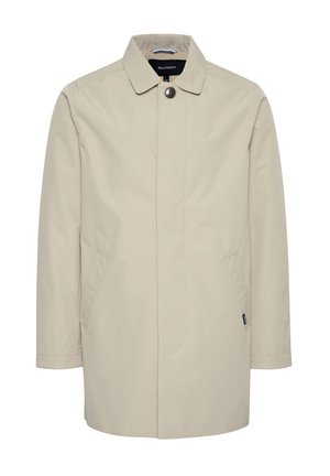 Beige, lightweight raincoat with a collared neckline, single button closure, and two side pockets; smooth texture and minimalistic design.