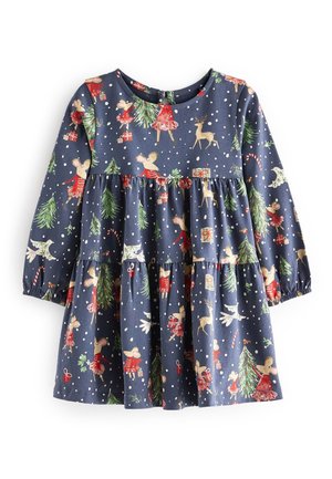 Mørkeblå kjole til småbørn med lange ærmer, prydet med festligt mønster af mus i røde outifts, juletræer, rensdyr og faldende sne.