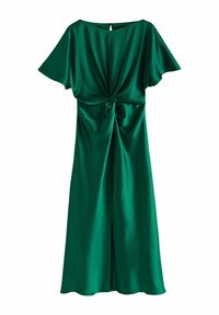 Grøn satin kjole med en knyttet front, løse ærmer og en diskret slids bagpå, med en glat tekstur og flydende design.