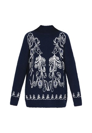 Maglione navy con collo alto, caratterizzato da ricami bianchi di fiori e ancore. Tessuto morbido, maniche lunghe e vestibilità rilassata.