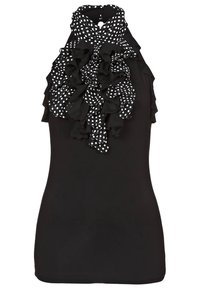 Haut sans manches noir avec un col haut et un accent à pois blancs froncé. Texture lisse avec une silhouette ajustée.