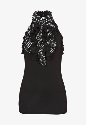 Černý bezramínkový top s vysokým krkem a volánkem s bílými puntíky. Hladká textura s přiléhavým střihem.