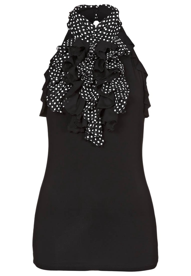 Haut sans manches noir avec un col haut et un accent à pois blancs froncé. Texture lisse avec une silhouette ajustée.