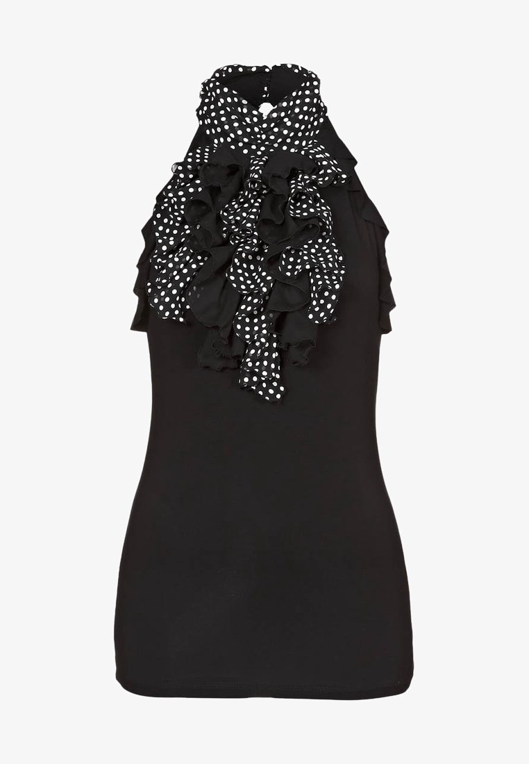 Haut sans manches noir avec un col haut et un accent à pois blancs froncé. Texture lisse avec une silhouette ajustée.