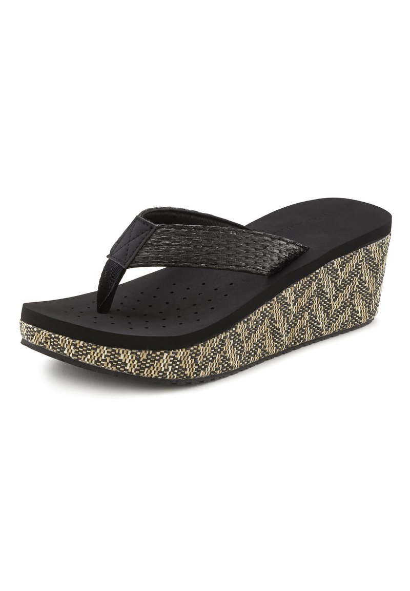 Black wedge flip-flop sandal with textured black straps and a woven herringbone-patterned sole in black and tan tones. Perforated insole.