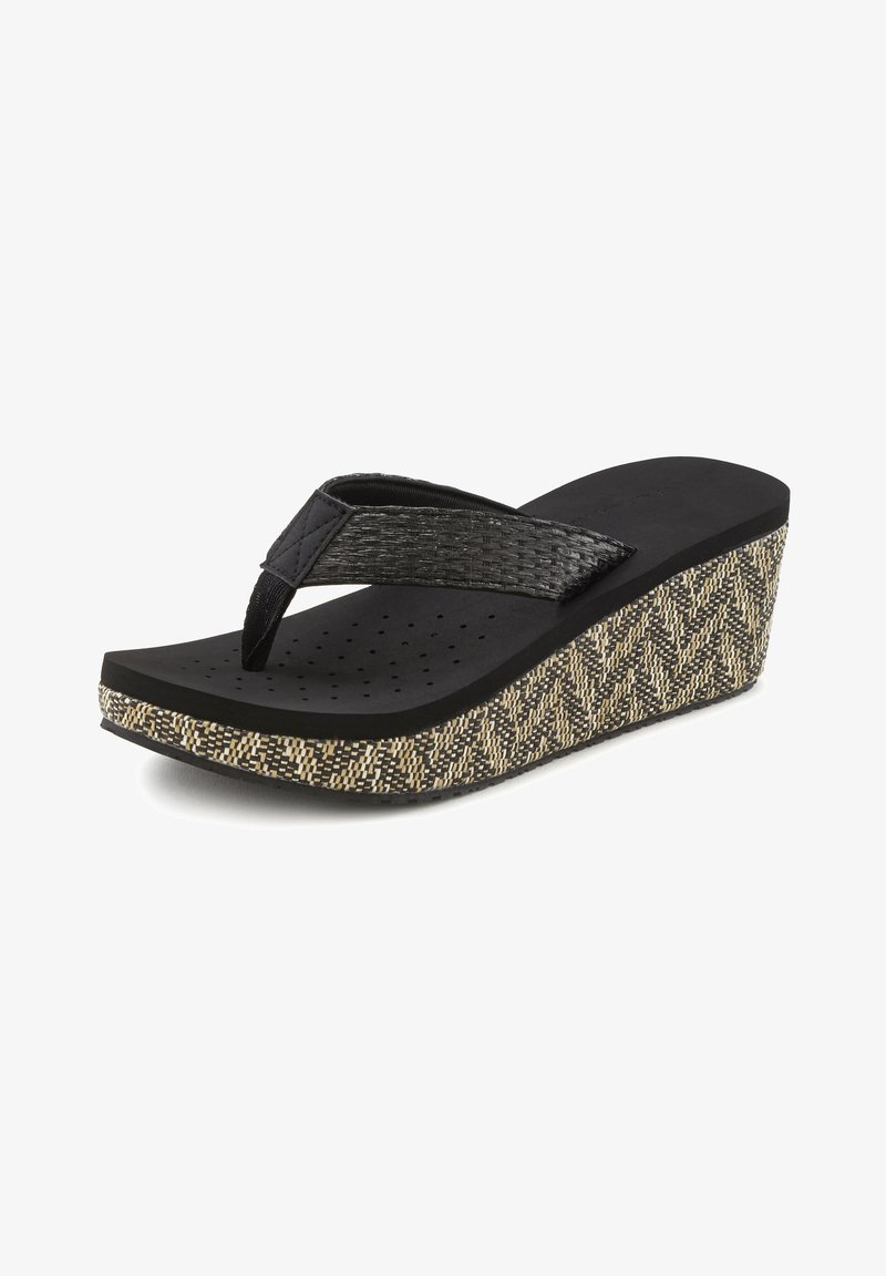 Black wedge flip-flop sandal with textured black straps and a woven herringbone-patterned sole in black and tan tones. Perforated insole.