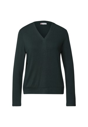 Maglietta a maniche lunghe verde scuro con scollatura a V e un piccolo bottoncino frontale. Presenta una vestibilità comoda e polsini e orlo a costine per maggiore struttura.