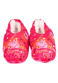 Pantofole per bambini con tessuto rosa e design di Peppa Pig, con morbida foderatura bianca, stile slip-on e suole imbottite per il massimo comfort.