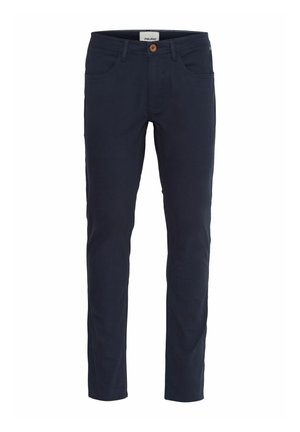 Temno modri hlače iz mešanice bombaža. Slim fit zasnova s petimi žepi, gumbom za zapiranje in gladko teksturo.
