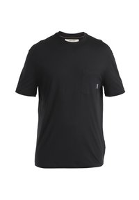 Black short-sleeve t-shirt made of soft fabric, featuring a chest pocket and a tag on the side. Simple crew neck design.