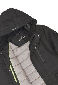Schwarze Kapuzenjacke mit grauem gestepptem Innenfutter, Frontreißverschluss und neon-gelbem Reißverschlusstaschen-Detail, mit "Milestone" im Innenkragen gebrandet.