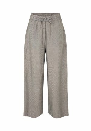 Svetlosivé nohavice so širokými nohavicami s jemnými vertikálnymi pruhmi, elastickým pásom a predným šnúrkovaním.