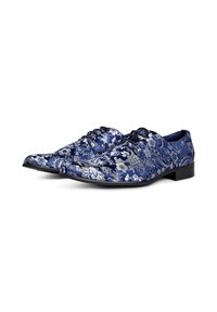 Blue floral-patterned dress shoes with metallic silver accents. Smooth fabric material, pointed toes, and black laces. Low black heel.