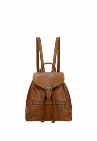 Zaino in pelle marrone con chiusura a coulisse, coperchio a ribalta, tasca anteriore e spallacci regolabili. Superficie texture con dettagli sottili.