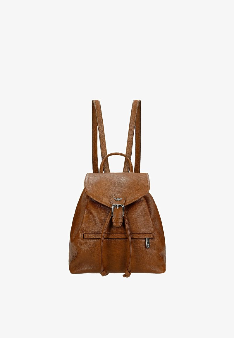 Zaino in pelle marrone con chiusura a coulisse, coperchio a ribalta, tasca anteriore e spallacci regolabili. Superficie texture con dettagli sottili.