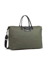 Borsa in nylon verde oliva con manici in pelle nera e una tracolla regolabile. Presenta un dettaglio del logo sul fronte e una chiusura a zip.