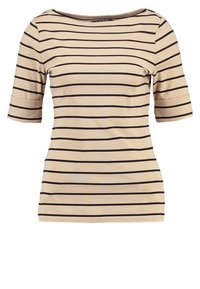 Beige short-sleeve top with horizontal black stripes, featuring a boat neckline and a soft, stretchy fabric for comfort.