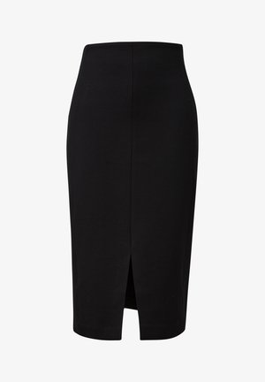 Zwarte kokerrok van rekbaar materiaal, met een hoge taille en een split tot de knie aan de voorkant voor een gemakkelijke bewegingsvrijheid.