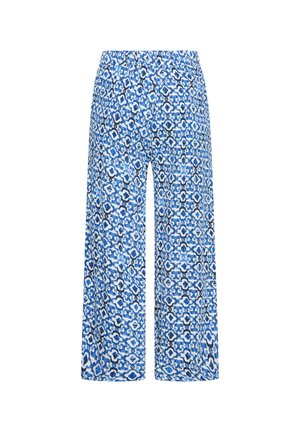 Pantaloni a gamba larga con cintura elastica, caratterizzati da un motivo floreale geometrico blu e bianco.