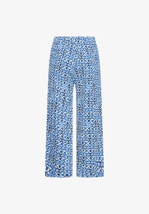 Pantalon à jambes larges avec taille élastique, présentant un motif floral géométrique bleu et blanc.
