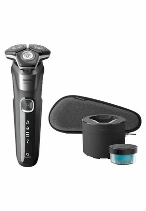 Philips 5000 Series shaver in matte black with three rotating heads. Includes a gray travel case, cleaning pod, and maintenance container.