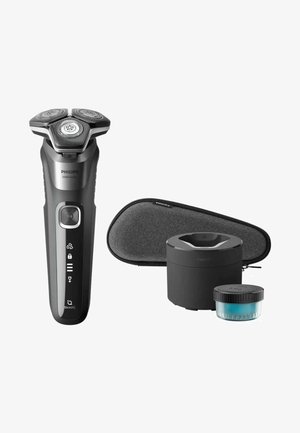 Philips 5000 Series Rasierer in mattem Schwarz mit drei rotierenden Köpfen. Lieferumfang: eine graue Reisetasche, ein Reinigungsgerät und ein Wartungsbehälter.