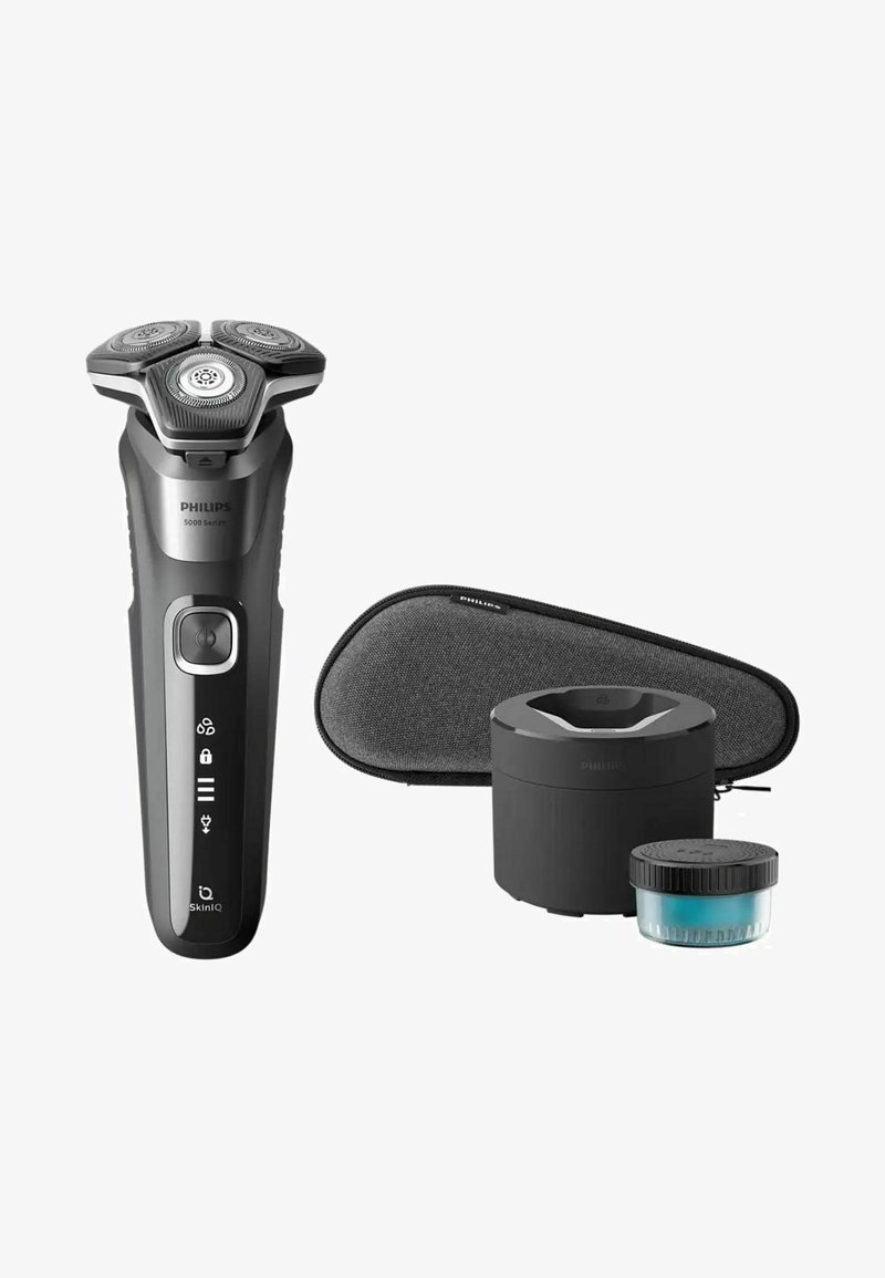 Rasoio Philips 5000 Series in nero opaco con tre teste rotanti. Include un astuccio da viaggio grigio, una base di pulizia e un contenitore per la manutenzione.
