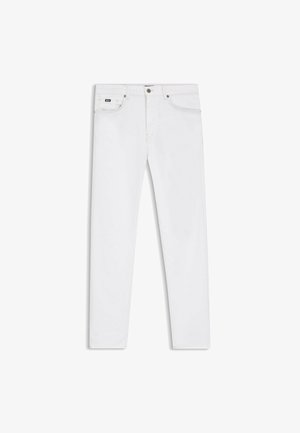 White slim-fit jeans with front button and zip closure, five pockets, and a small black logo tag on the right front pocket.
