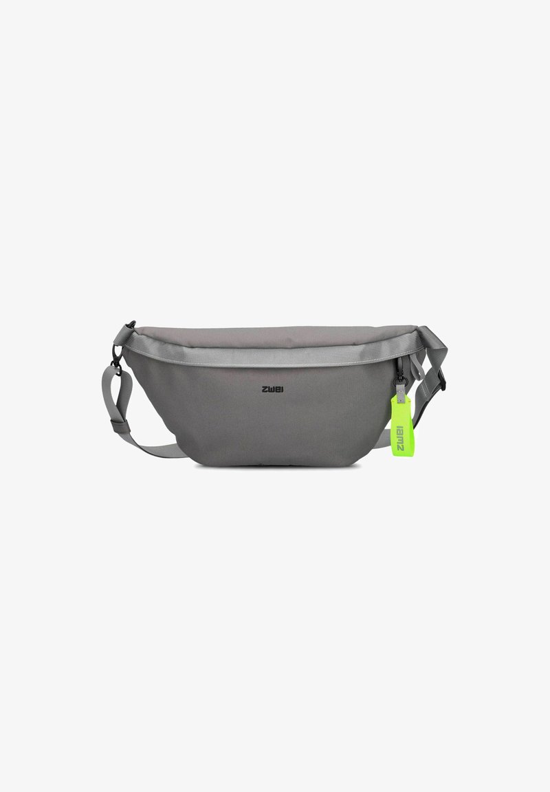 Bolso de cintura gris hecho de un tejido duradero, con una cremallera superior, correa ajustable y un tirador de cremallera en verde neón para un contraste adicional.