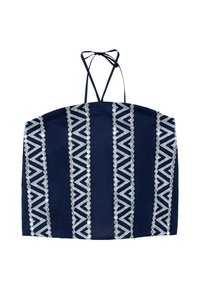 Morski crop top s tankastim naramenicama s srebrnim geometrijskim vezenjem. Glatka tkanina sa strukturiranim oblikom i dekorativnim detaljima.