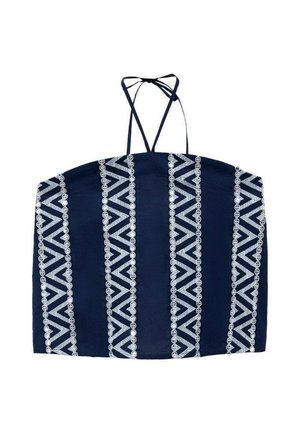 Navy crop top with spaghetti straps featuring silver geometric embroidery. Smooth fabric with a structured shape and decorative accents.