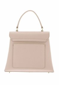 Borsa strutturata in morbida pelle beige con manico superiore e tasca frontale. Presenta cuciture sottili e dettagli in metallo dorato.