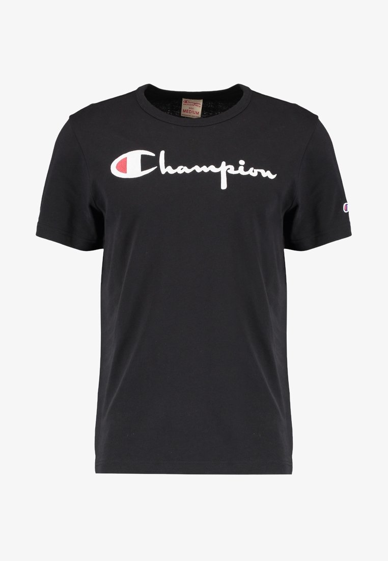 T-shirt in cotone nero con logo "Champion" ricamato in bianco sul davanti. Design a maniche corte e collo rotondo. Stile semplice e casual.