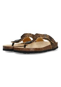 Bruine en zwarte luipaardprint sandalen met een kurken voetbed, verstelbare band en een zwarte rubberen zool. Ontworpen met teenpost en gespdetails.