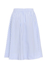 Light blue and white striped cotton skirt with an elastic waistband, full silhouette, and straight hem. Fabric has a smooth texture.